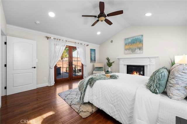 bedroom featuring vaulted ceiling, ceiling fan, french doors, access to outside, and dark wood-type flooring