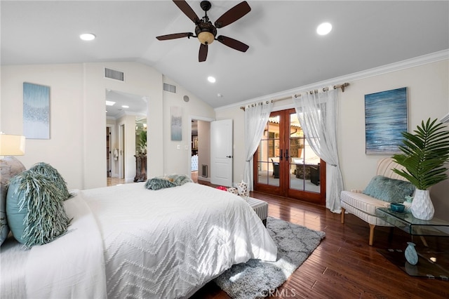 bedroom featuring lofted ceiling, dark wood-type flooring, french doors, access to outside, and ceiling fan