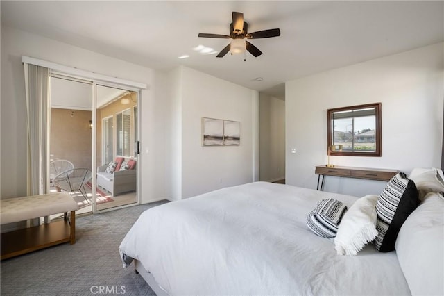 carpeted bedroom featuring access to exterior and a ceiling fan