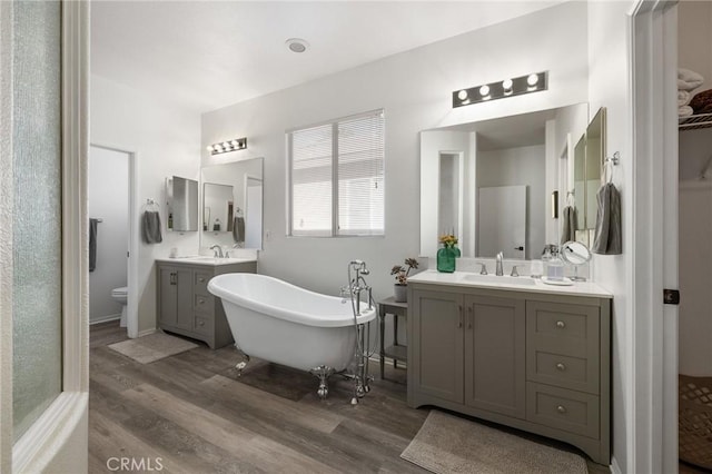 bathroom featuring wood finished floors, two vanities, a freestanding tub, and a sink