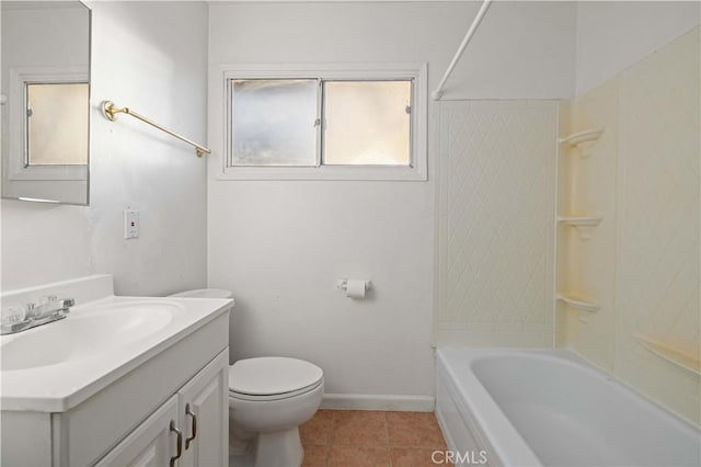 full bathroom with shower / bath combination, toilet, tile patterned flooring, and vanity