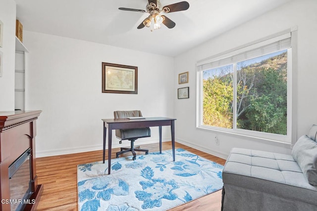 office area featuring ceiling fan and light hardwood / wood-style flooring