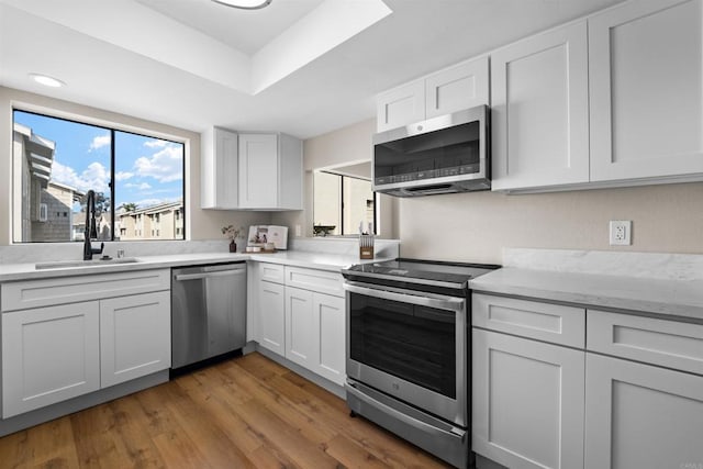 kitchen featuring a sink, light countertops, appliances with stainless steel finishes, light wood-type flooring, and a raised ceiling