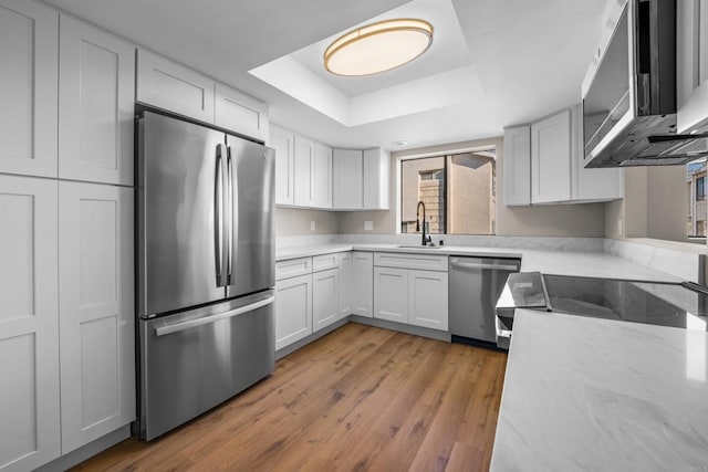 kitchen featuring appliances with stainless steel finishes, light stone countertops, a tray ceiling, light wood-type flooring, and a sink