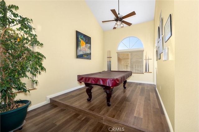 playroom featuring dark wood-type flooring, billiards, ceiling fan, and vaulted ceiling