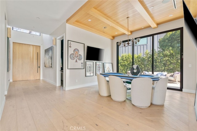 dining area featuring beamed ceiling, wooden ceiling, a chandelier, and light hardwood / wood-style floors