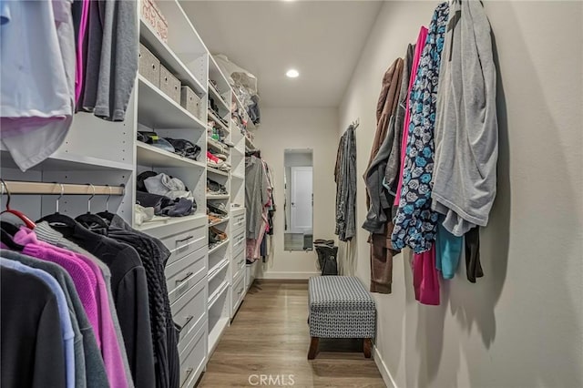 walk in closet with light wood-style flooring