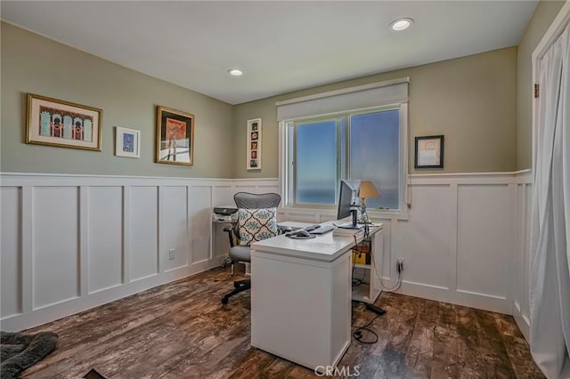 office with wainscoting, recessed lighting, a decorative wall, and dark wood-style floors