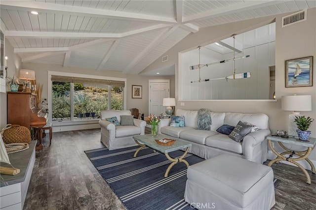 living room featuring dark hardwood / wood-style floors and lofted ceiling with beams