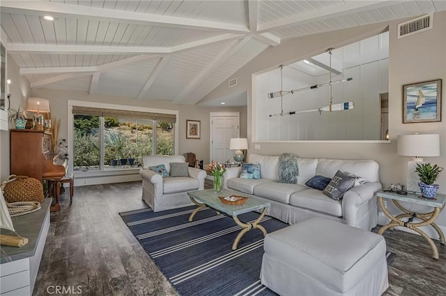 living room with visible vents, lofted ceiling with beams, and wood finished floors