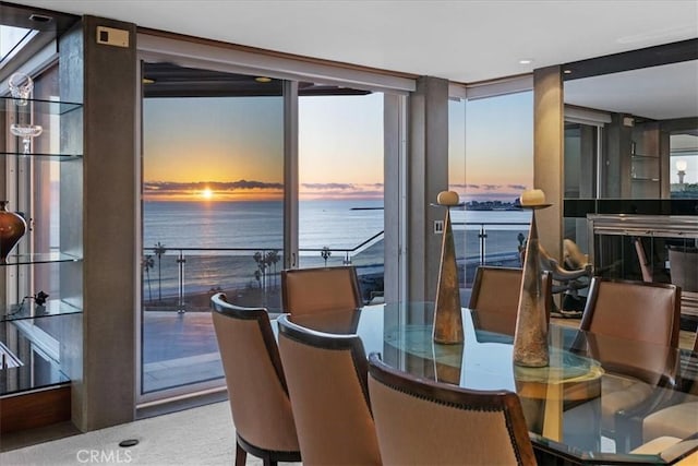 dining space featuring expansive windows, a water view, and a wealth of natural light