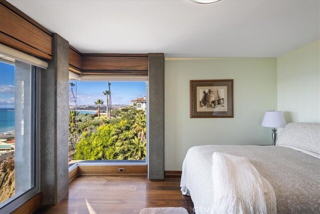 bedroom with multiple windows, a water view, and dark hardwood / wood-style flooring