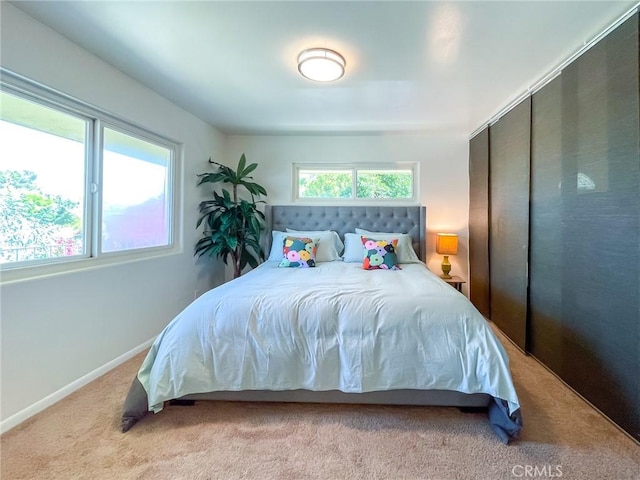 carpeted bedroom with multiple windows and a closet