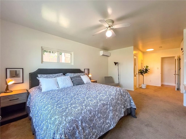 bedroom featuring ceiling fan, carpet, and a wall mounted AC