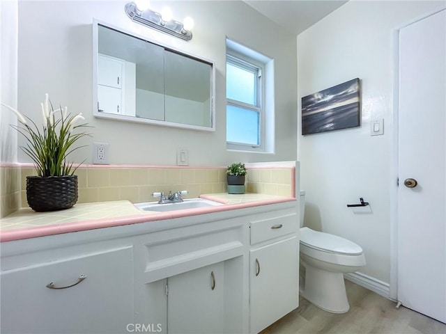 bathroom featuring hardwood / wood-style flooring, toilet, tasteful backsplash, and vanity