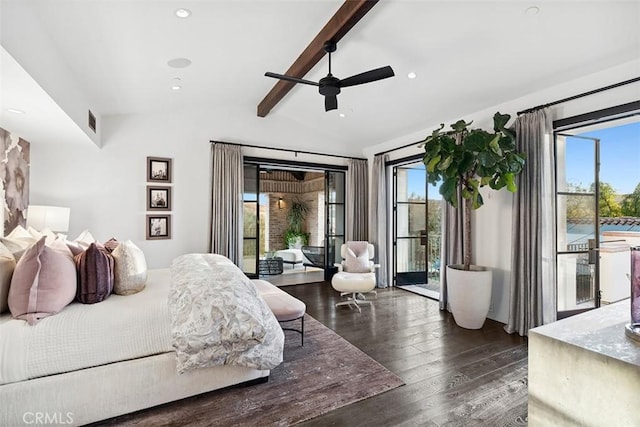 bedroom with dark wood-type flooring, ceiling fan, multiple windows, and access to outside