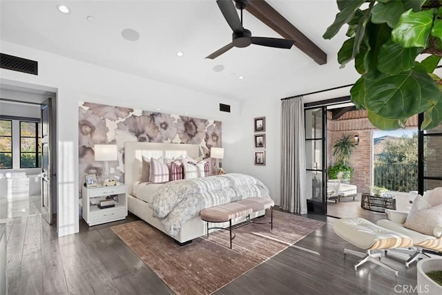 bedroom with beamed ceiling, ceiling fan, dark wood-type flooring, and multiple windows