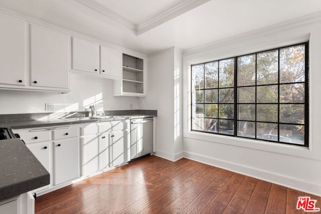 kitchen featuring dishwasher, white cabinetry, sink, dark hardwood / wood-style flooring, and a tray ceiling