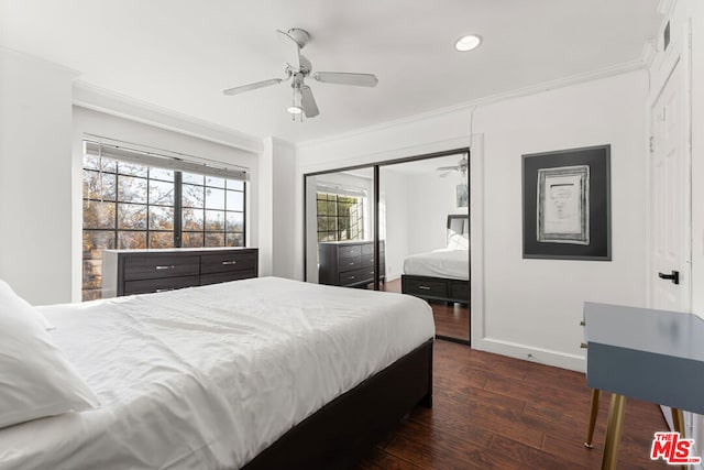 bedroom with ceiling fan, dark wood-type flooring, a closet, and ornamental molding