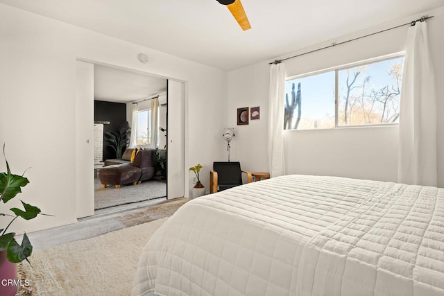 bedroom featuring a closet, ceiling fan, and multiple windows