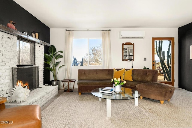 living area featuring carpet flooring, a fireplace, and a wall unit AC