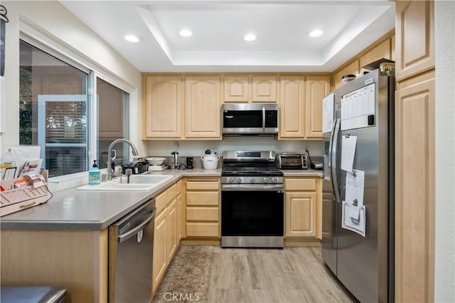 kitchen featuring light brown cabinets, stainless steel appliances, sink, light wood-type flooring, and a tray ceiling