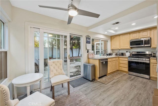 kitchen with appliances with stainless steel finishes, light brown cabinets, light hardwood / wood-style floors, sink, and a tray ceiling