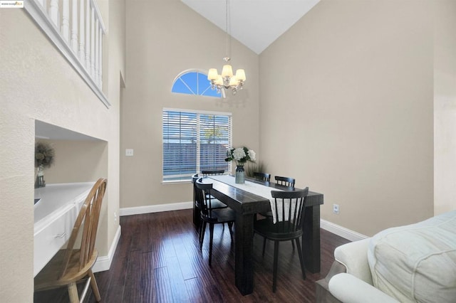 dining area with dark wood-type flooring, high vaulted ceiling, and a chandelier