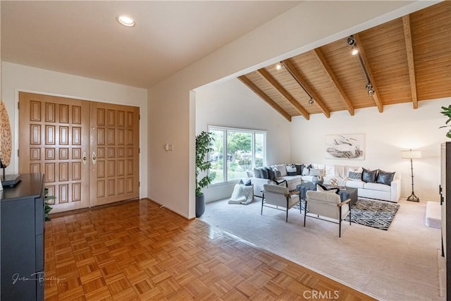 living room with beamed ceiling, parquet floors, high vaulted ceiling, and wooden ceiling