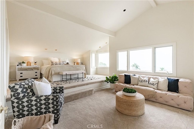 carpeted bedroom featuring high vaulted ceiling and beam ceiling