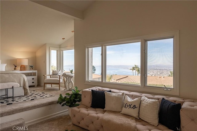 interior space with vaulted ceiling and a water view