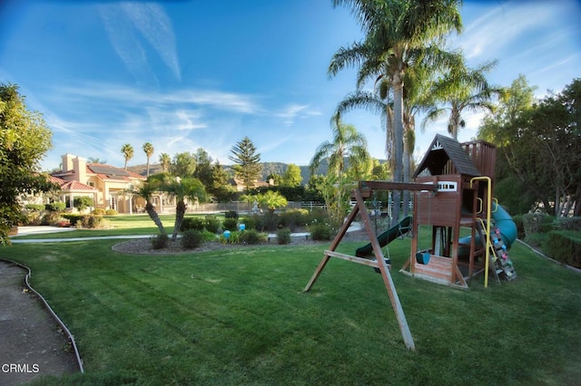 view of jungle gym featuring a yard