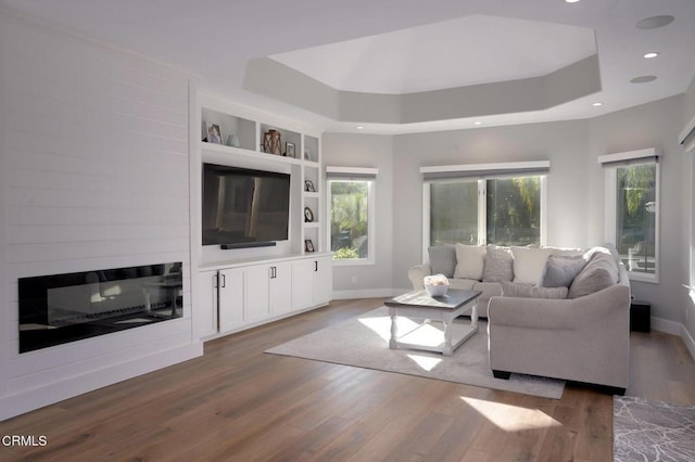 living room with dark wood-type flooring, a fireplace, a raised ceiling, and a wealth of natural light