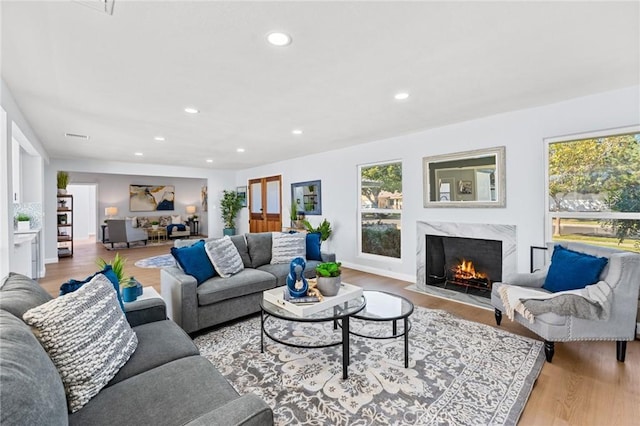 living room with a premium fireplace and light hardwood / wood-style flooring