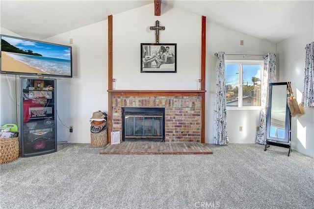 carpeted living room featuring lofted ceiling and a fireplace