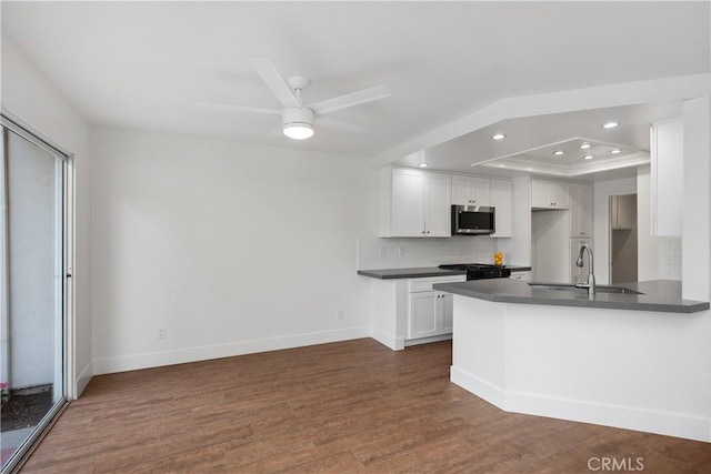 kitchen featuring dark countertops, stainless steel microwave, dark wood finished floors, a tray ceiling, and a sink