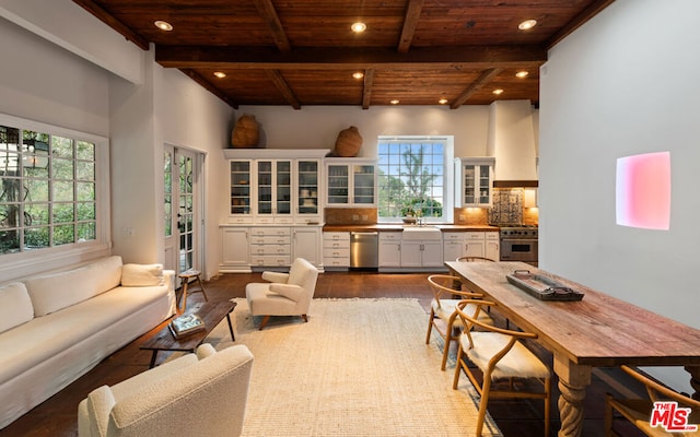 living room featuring wooden ceiling, dark hardwood / wood-style flooring, sink, and beamed ceiling