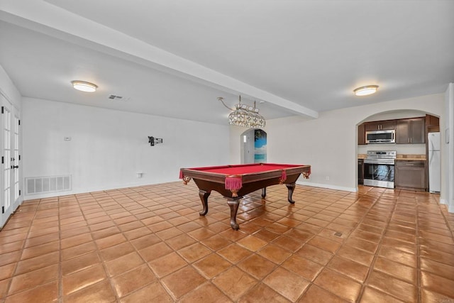 playroom featuring beam ceiling, light tile patterned floors, and billiards