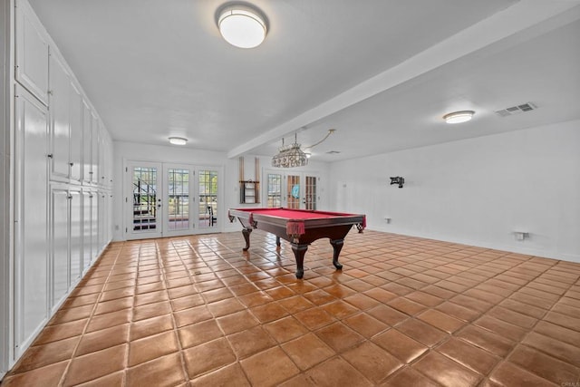 game room with beamed ceiling, tile patterned flooring, billiards, and french doors