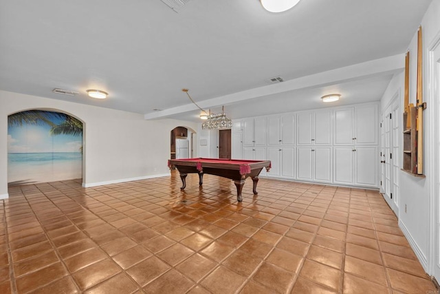 game room with pool table and light tile patterned flooring