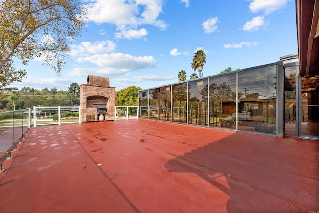 view of patio / terrace with a fireplace