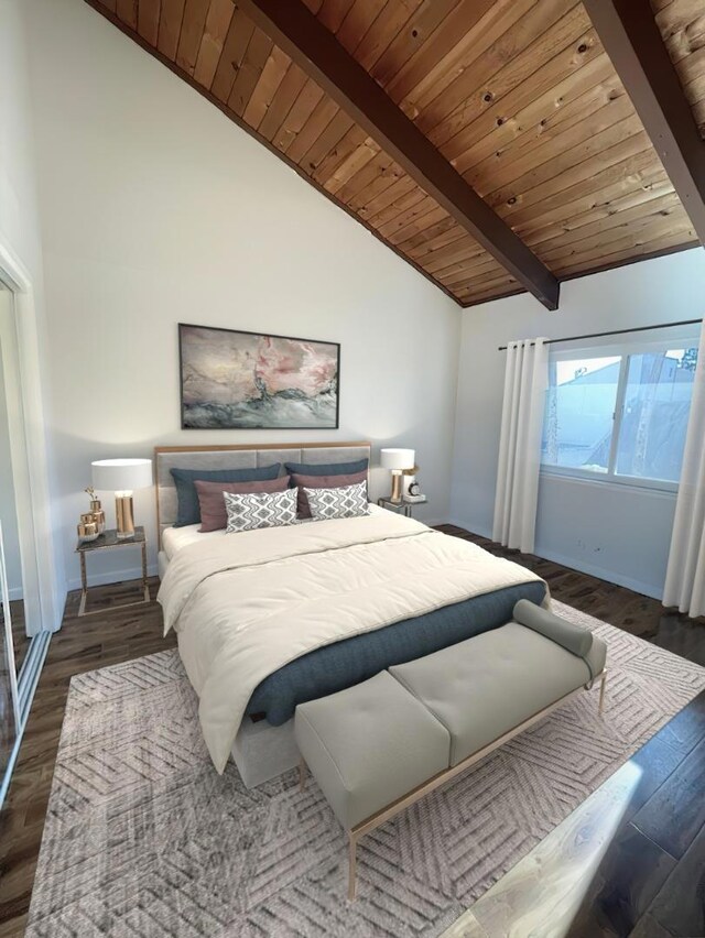 bedroom with dark wood-type flooring, lofted ceiling with beams, and wooden ceiling