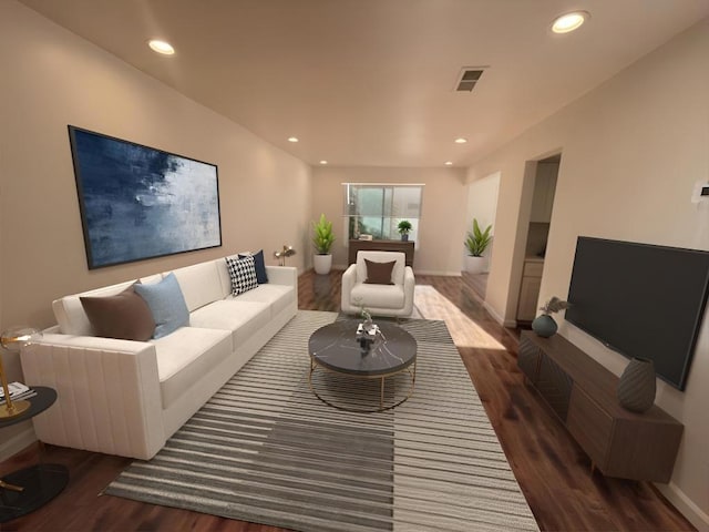 living room with dark hardwood / wood-style floors