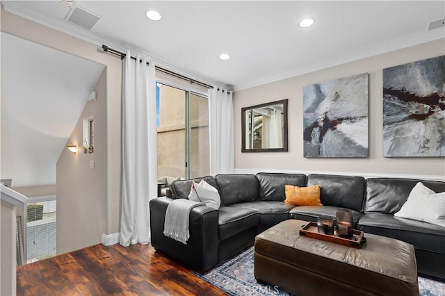 living room featuring ornamental molding and dark wood-type flooring