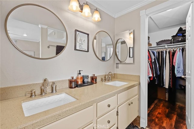 bathroom with wood-type flooring, vanity, and ornamental molding