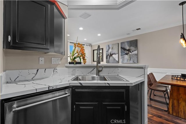 kitchen with dishwasher, sink, decorative light fixtures, ornamental molding, and dark hardwood / wood-style flooring