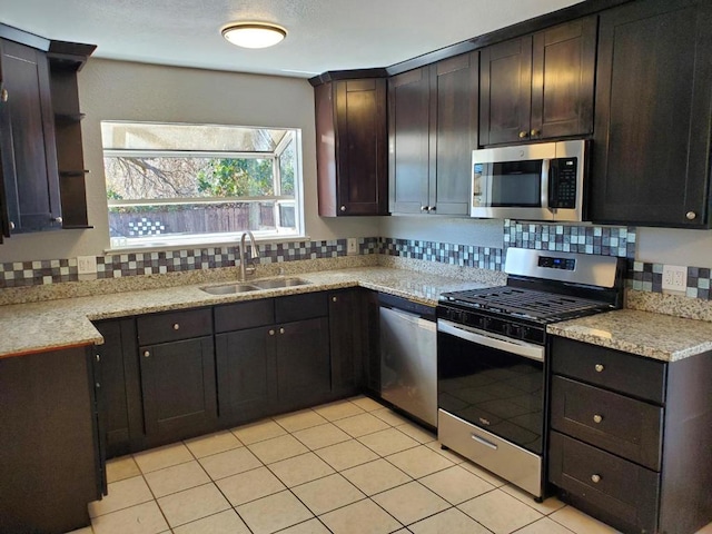 kitchen with dark brown cabinetry, sink, decorative backsplash, and stainless steel appliances