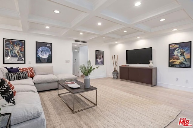 living room featuring coffered ceiling, beam ceiling, and light wood-type flooring