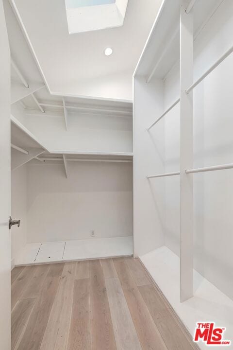 spacious closet featuring a skylight and light hardwood / wood-style floors