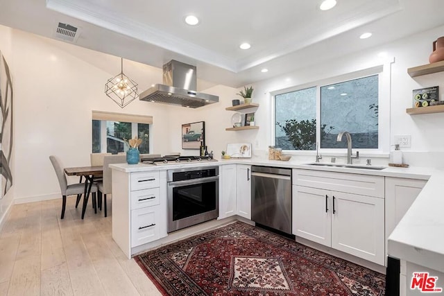 kitchen featuring sink, white cabinetry, decorative light fixtures, ventilation hood, and stainless steel appliances